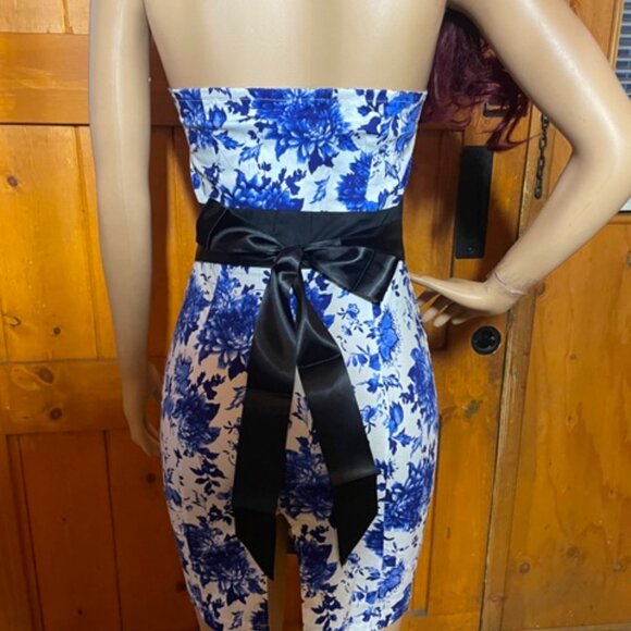 Women's 1950s Pencil Vintage Cocktail Dress Halter Retro vintage floral Blue - Picture 3 of 4